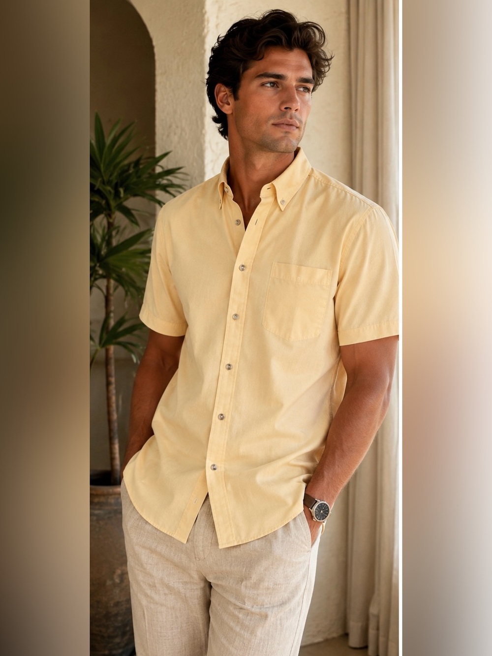 L.L.Bean Men’s M Regular 100% Cotton Wrinkle Resistant Short Sleeve Shirt Yellow